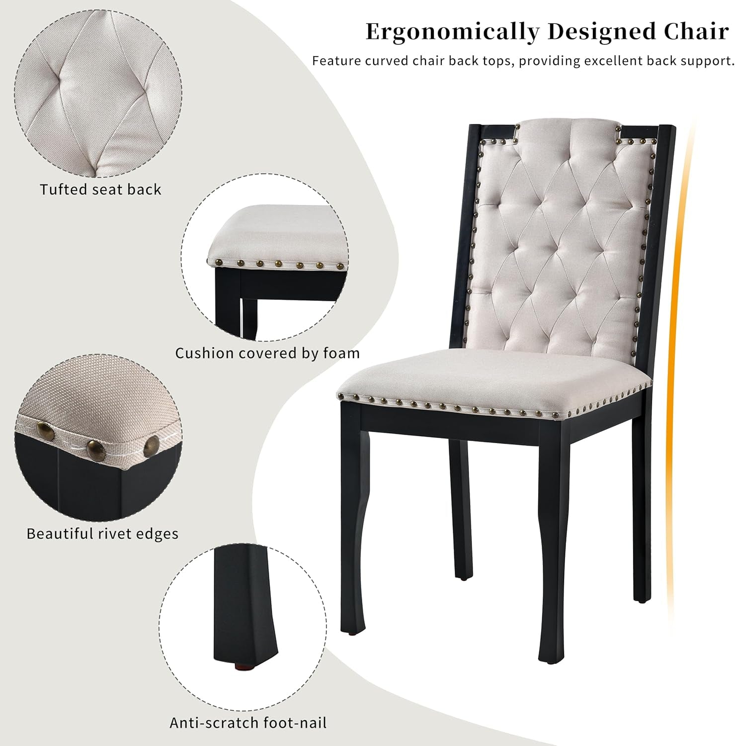 6-Piece Dining Table Set, 60" Solid Wood Rectangular Table with 4 Upholstered Chairs and 1 Bench, Modern Farmhouse for Kitchen Room, Black