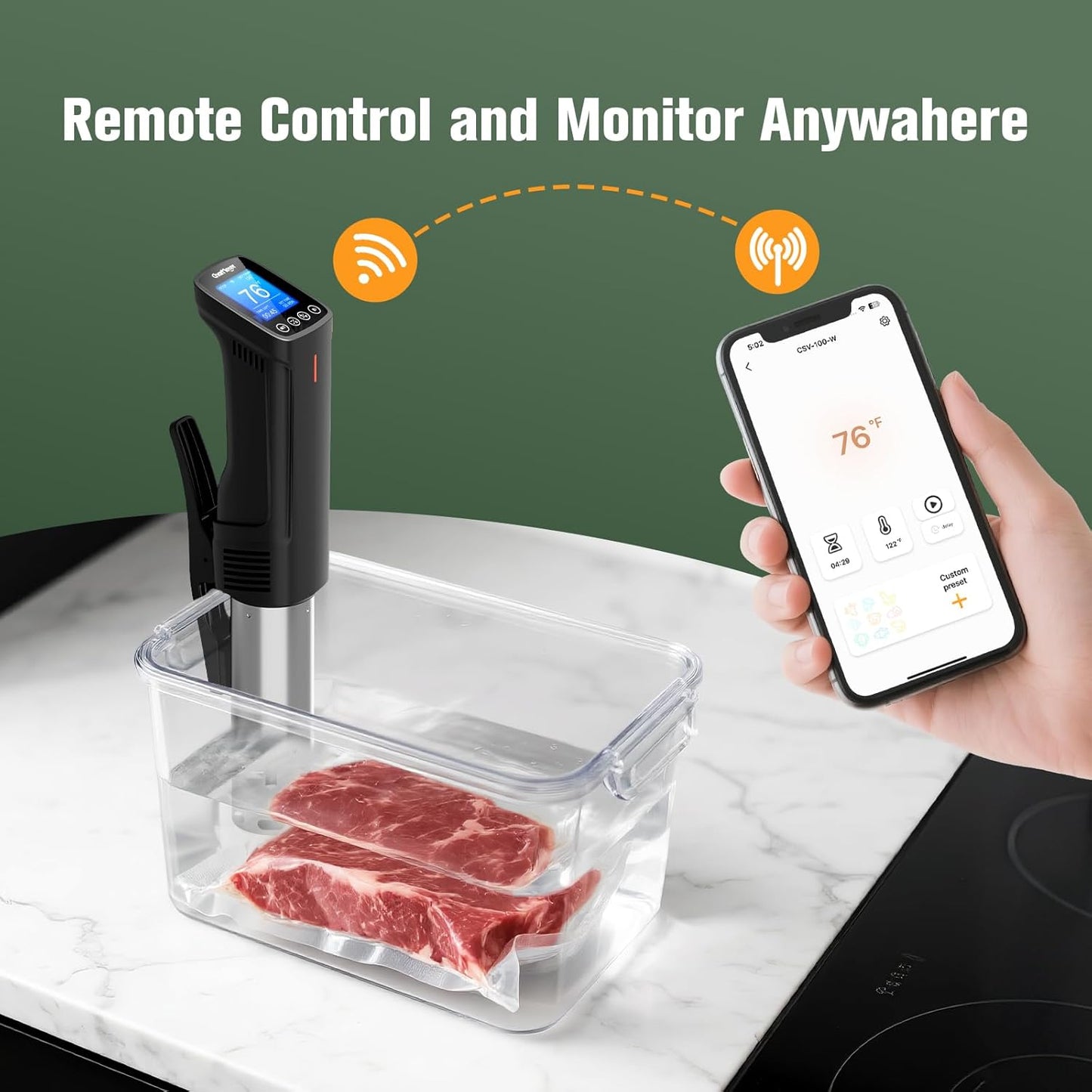 Sous Vide Machine CSV-100-W, 2.4G Wifi Sous Vide Cooker 1000 Wattts Sous-Vide Cooker Immersion Circulator with 14 Preset Recipes, Calibration Function,Fast-Heating with Timer,