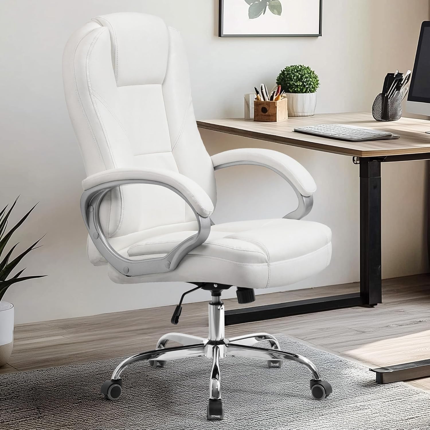 Office Desk Ergonomic Gaming Chair High Back Adjustable Computer Chair with Wheels and Lumbar Support Comfy Leather Executive Swivel (White)