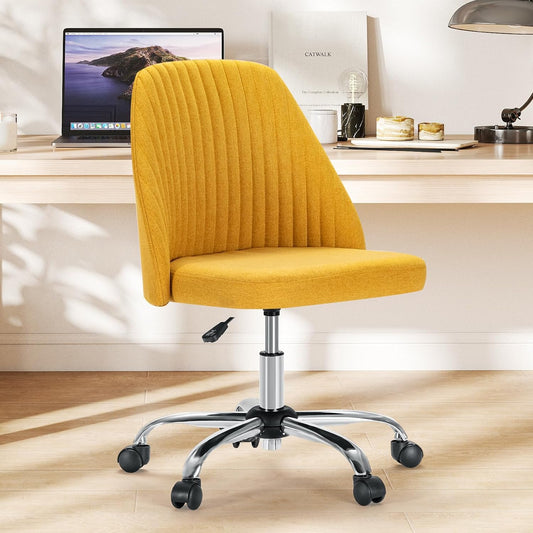 Armless Vanity Chair, Cute Comfy Home Office Desk Chair with Wheels, Modern Upholstered Task Computer Seat for Bedroom, Study, Makeup Vanity, Height Adjustable & Swivel, Yellow