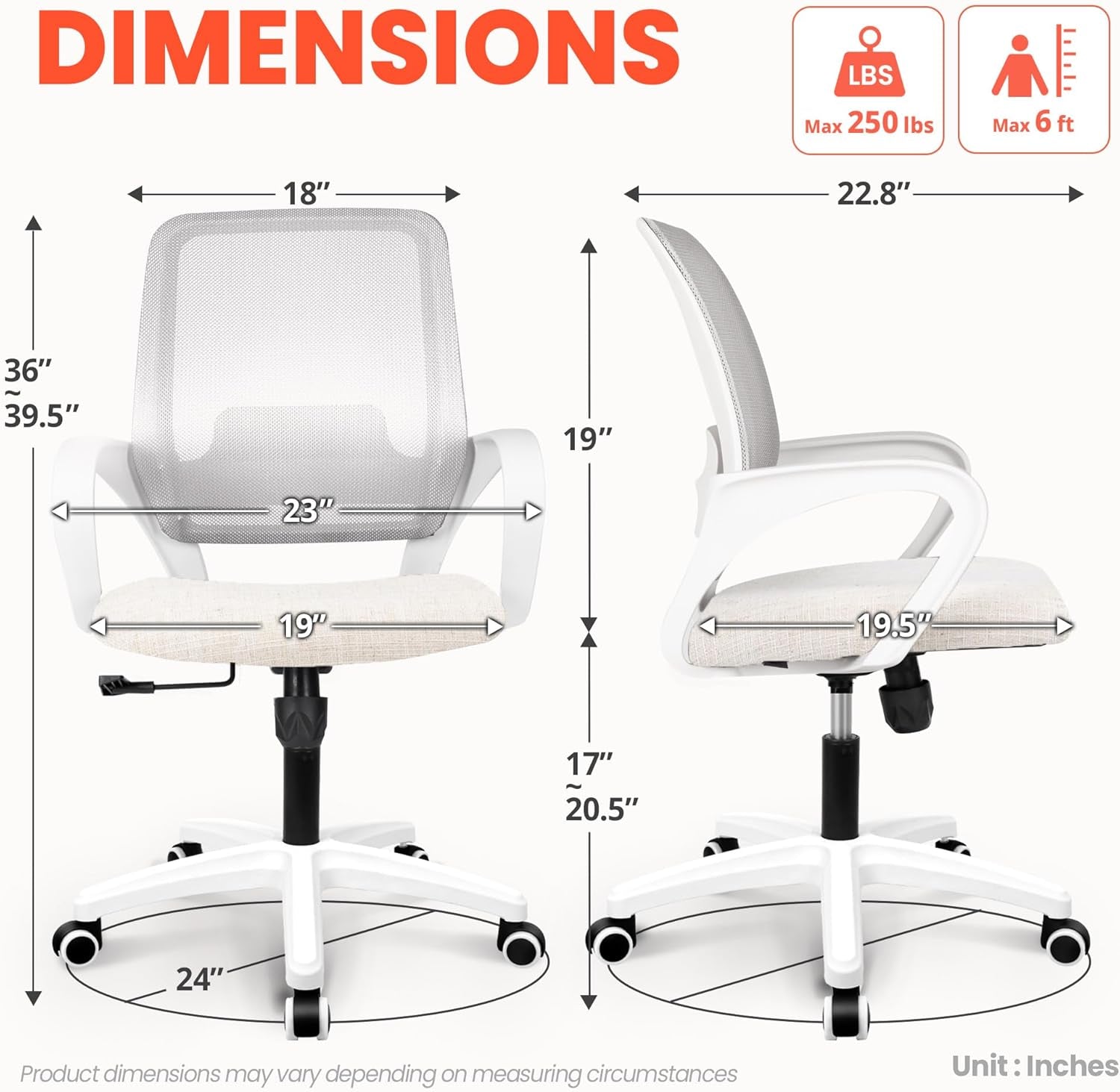 Office Desk Ergonomic Mesh Computer Chair with Lumbar Support Adjustable Height Swivel Rolling Wheels Comfy Mid Back Task Chair for Home Bedroom Vanity Study (Ivory)