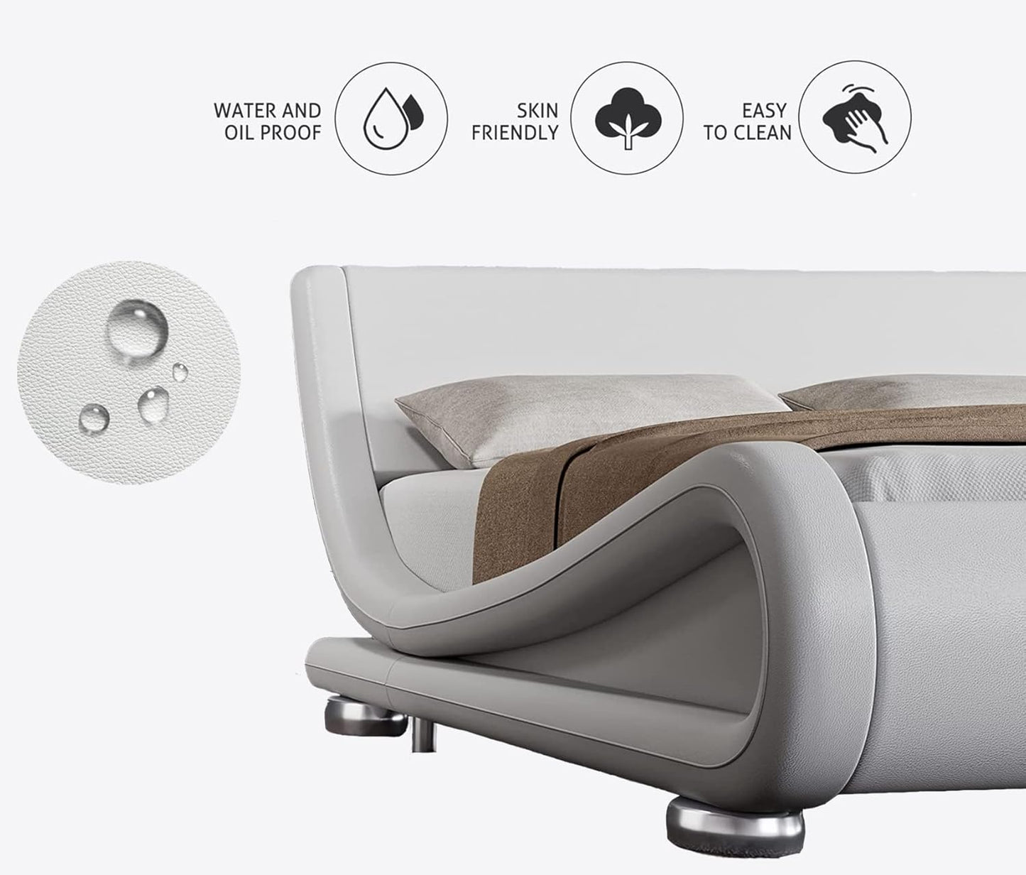 Queen Size Upholstered Platform Bed Frame with Ergonomic & Adjustable Headboard, Modern Low Profile Sleigh Design - Easy Assembly, No Box Spring Needed, White