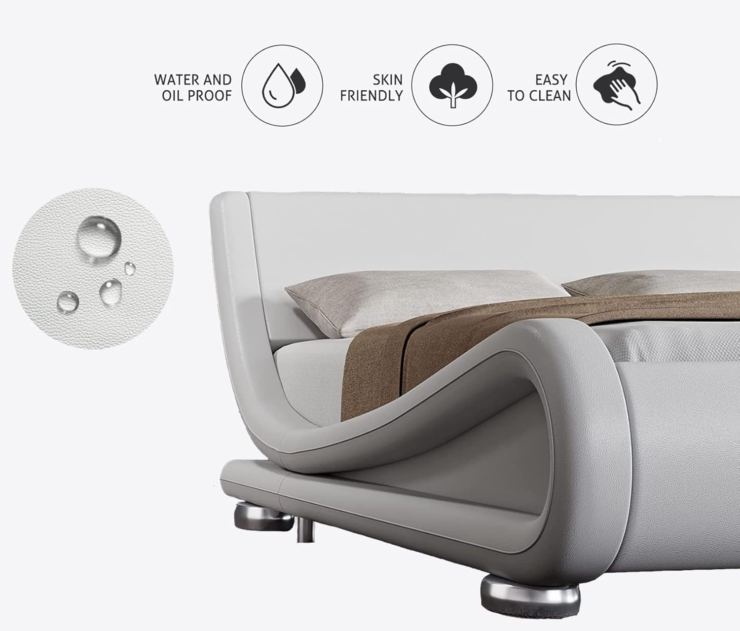 Queen Size Upholstered Platform Bed Frame with Ergonomic & Adjustable Headboard, Modern Low Profile Sleigh Design - Easy Assembly, No Box Spring Needed, White