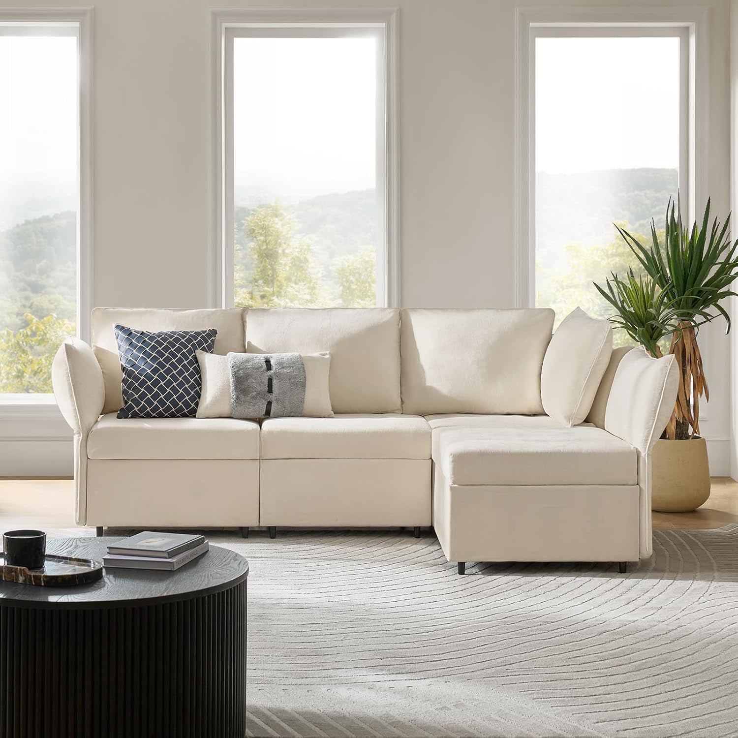 Modular Sectional Sofa with Adjustable Armrest and Backrest, Oversized L Shaped Couch with Storage Ottoman and Deep Seat, 4 Seater Cloud Couch for Living Room Bedroom, Beige