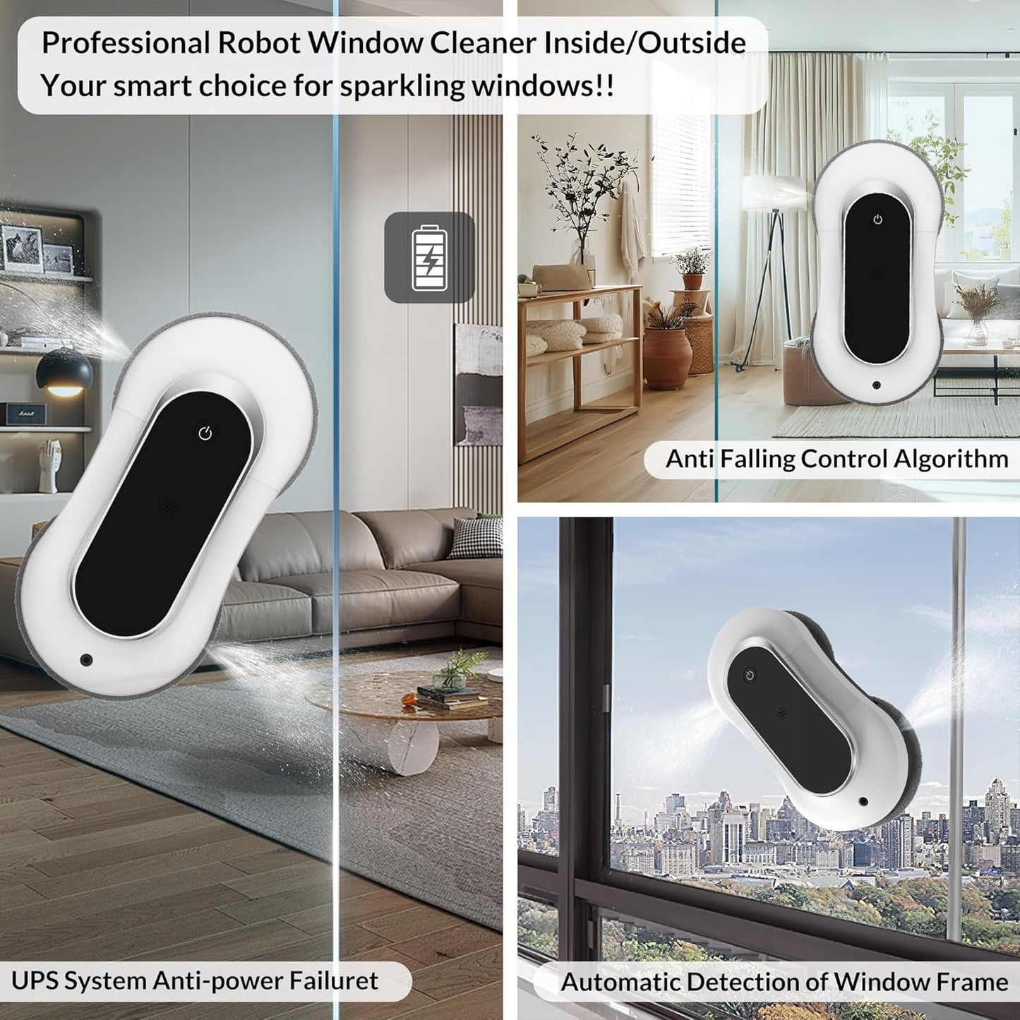 Automatic Window Cleaner Robot with Dual Water Spray,Smart Window Cleaning Washer Machine with 3000Pa Suction&Ai Path Planning,Perfect Windows Cleaning Robot for Highrise Windows, Tiles and Glass