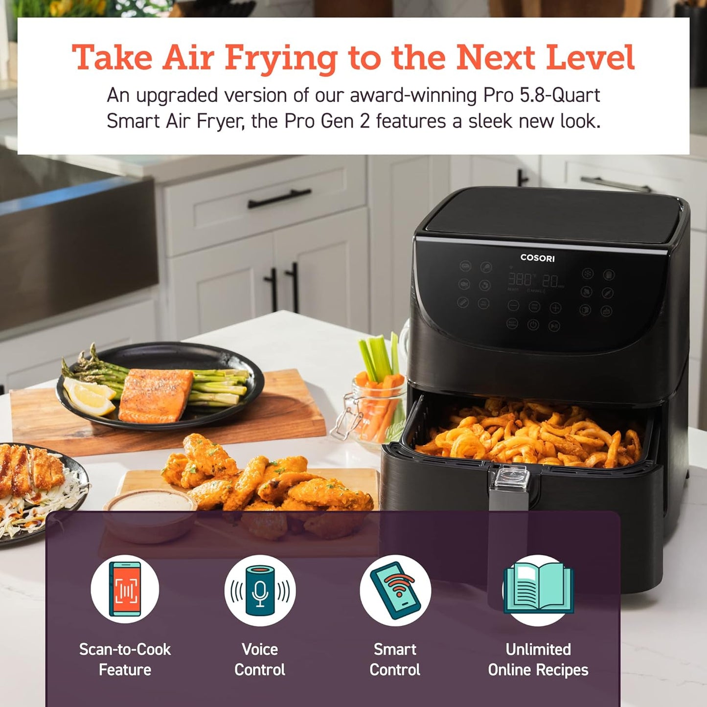 Air Fryer 5.8QT Pro Gen Smart 11-In-1 Toaster Oven , 100 Recipes Cookbook, 200+ Online Recipes , APP and Touch Screen Control, Works with Alexa & Google Assistant, Dishwasher-Safe Square Basket
