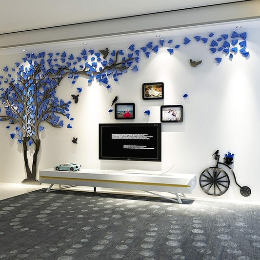 Acrylic 3D Tree Wall Stickers Wall Decal Easy to Install &Apply DIY Decor Sticker Home Art Decor. Tree with Blue Leaves and 3 Photo Frames, Large.