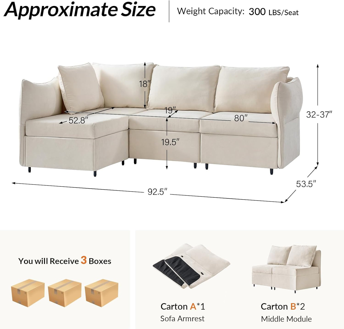 Modular Sectional Sofa with Adjustable Armrest and Backrest, Oversized L Shaped Couch with Storage Ottoman and Deep Seat, 4 Seater Cloud Couch for Living Room Bedroom, Beige