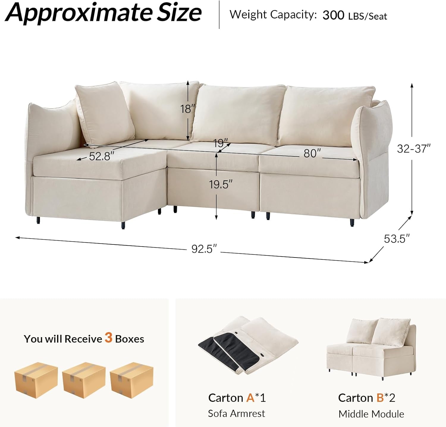 Modular Sectional Sofa with Adjustable Armrest and Backrest, Oversized L Shaped Couch with Storage Ottoman and Deep Seat, 4 Seater Cloud Couch for Living Room Bedroom, Beige