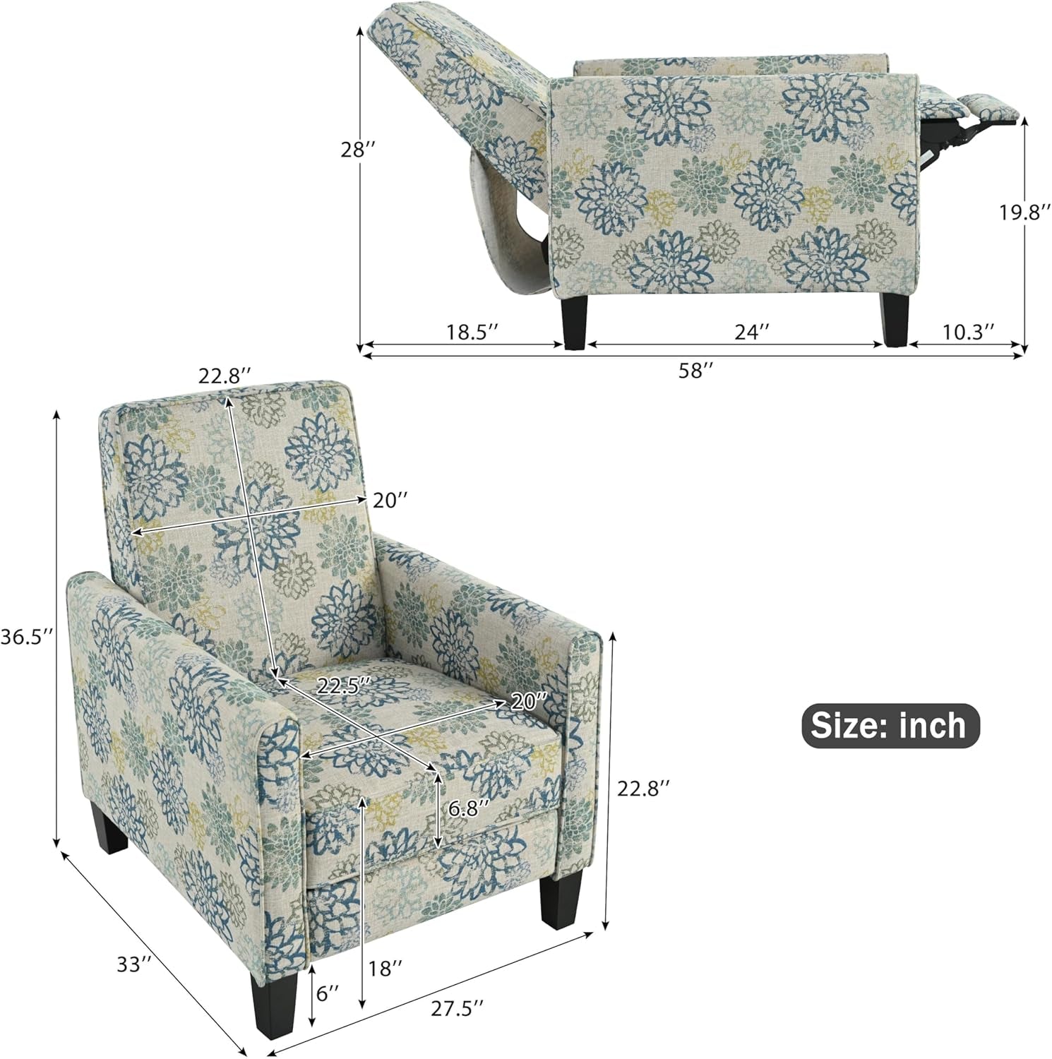 Kenley Modern Fabric Upholstered Push Back Recliner Chair, Wooden Gliding Home Theater Seating, Comfy Reading Chair, Deep Seating Single Sofa Accent Chair, Mixed Blue