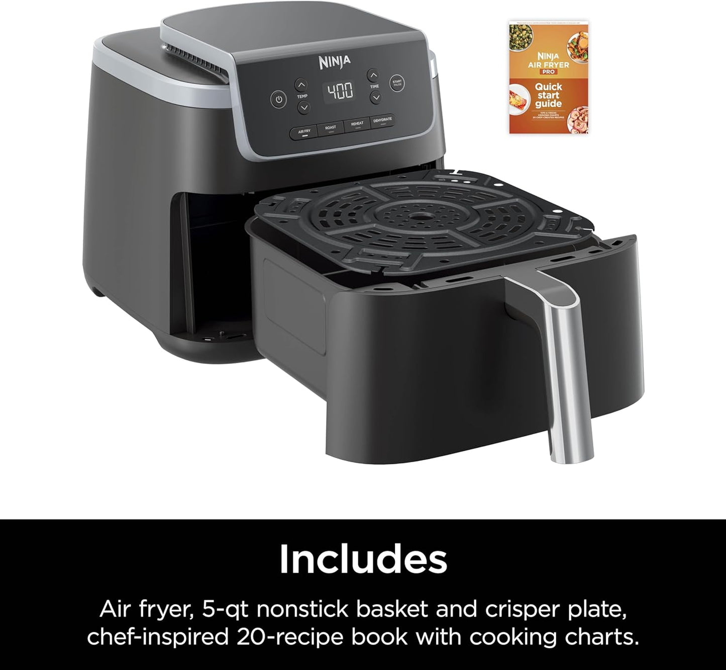 | Air Fryer | 4-In-1 Pro Air Fry, Roast, Reheat, Dehydrate | 5QT Capacity Fits up to 4Lbs of French Fries | 400F Max Temp | Nonstick Basket & Crisper Plate | 120V | Grey | AF141