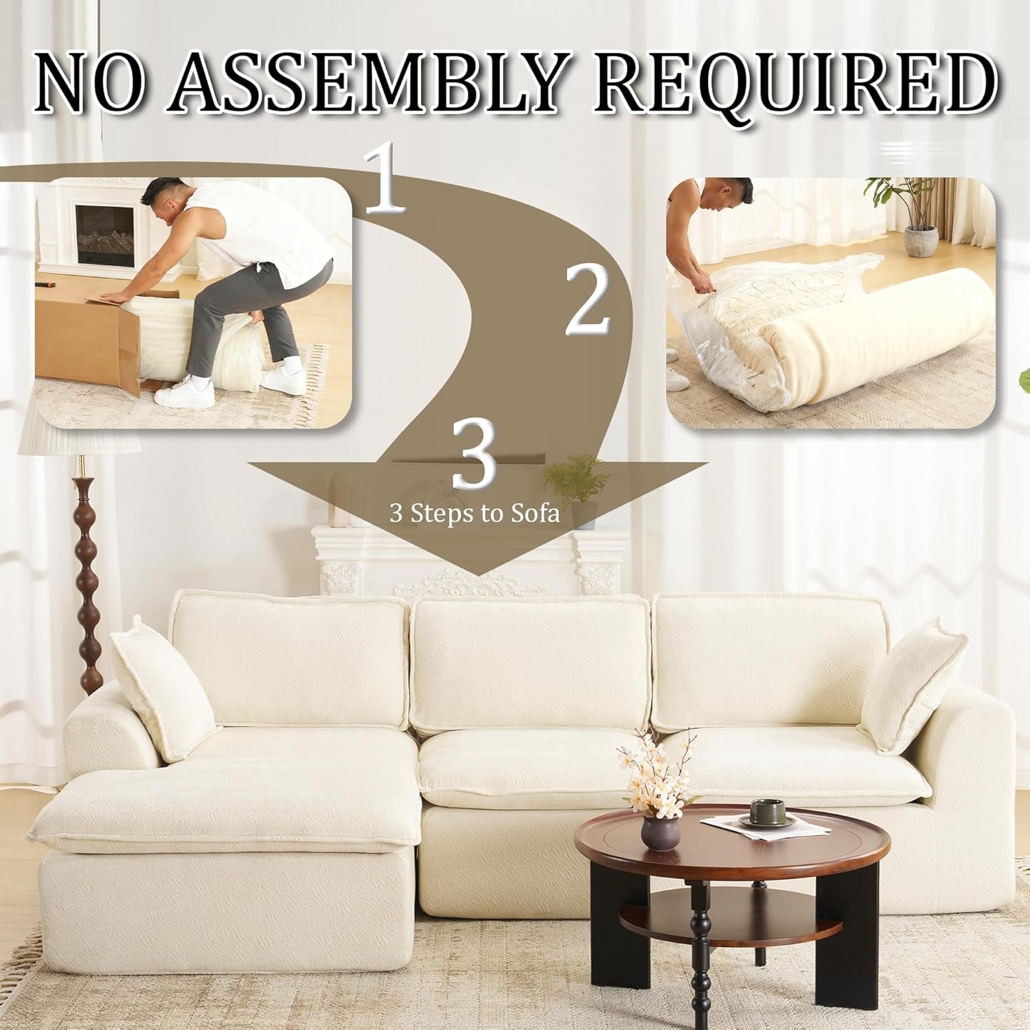 109.4" Cloud Couch with L-Shape Chaise, Boneless Sectional Couch for Living Room and Bedroom, Modern Modular Sofa with Deep Seat, No Assembly Required (Ivory White)