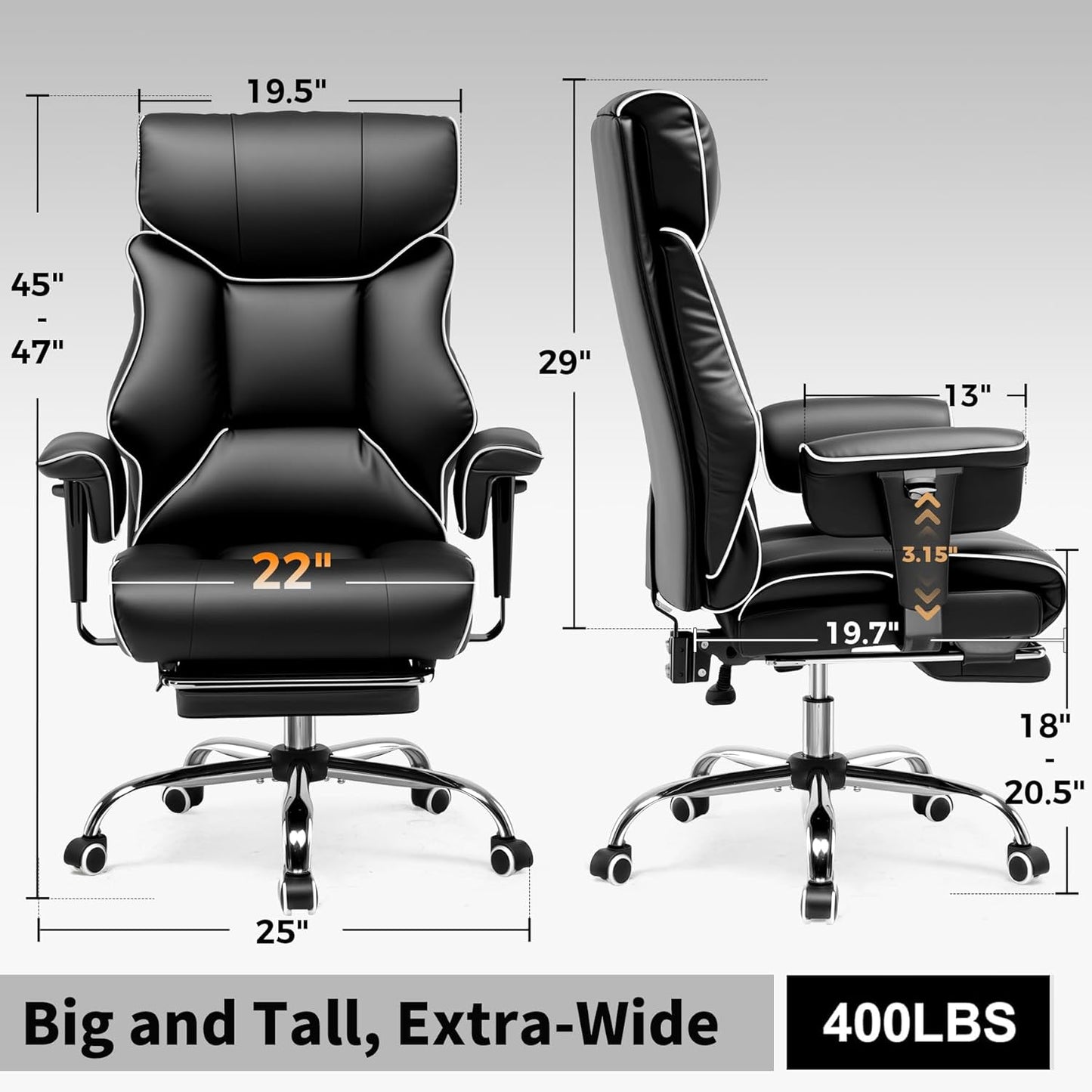 Big and Tall Office Chair 400Lbs High Back Gaming Chair with Ergonomic Lumbar Support & Pocket Spring Cushion for Lower Back Pain Relief, Leather Executive Chair with Foot Rest, White/Black