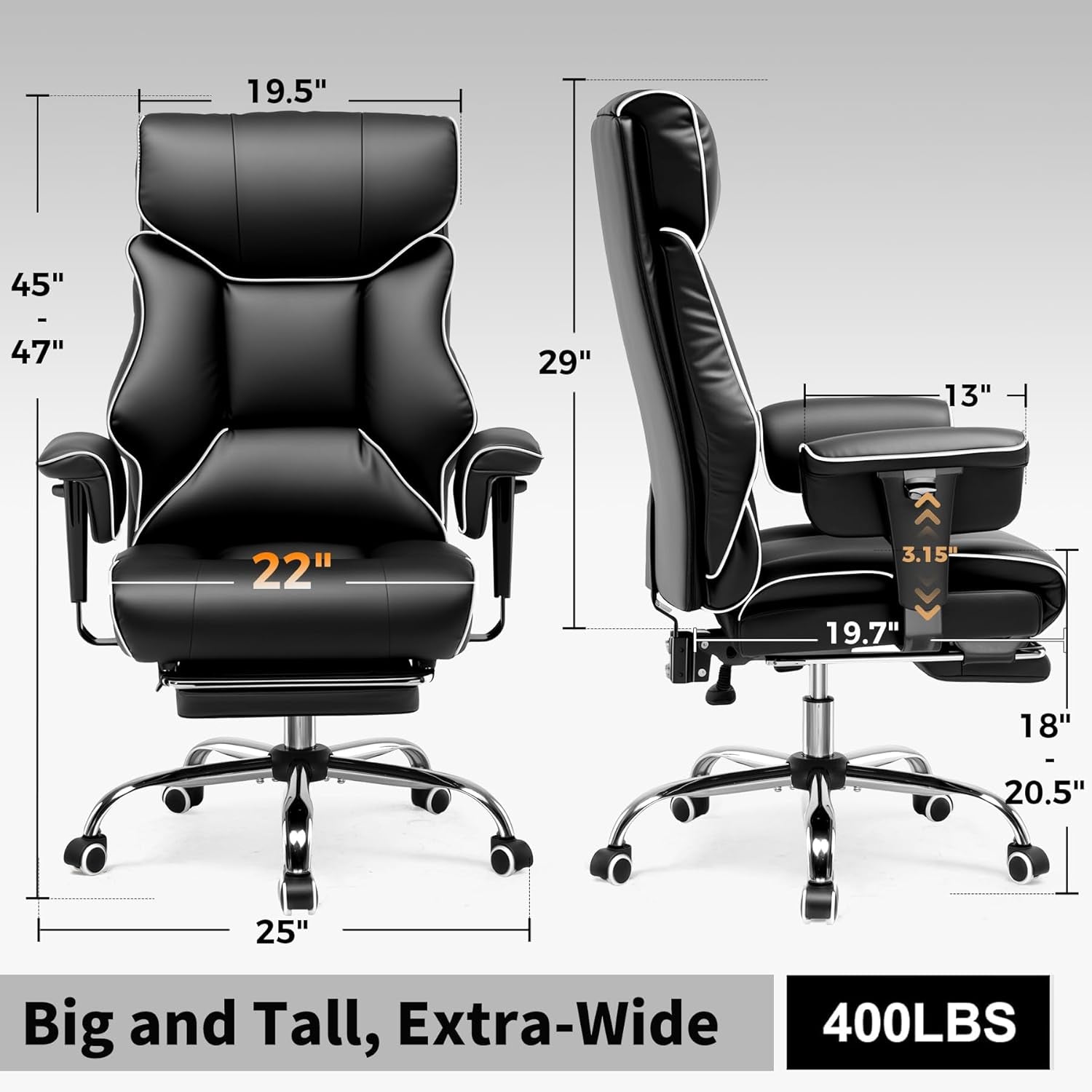Big and Tall Office Chair 400Lbs High Back Gaming Chair with Ergonomic Lumbar Support & Pocket Spring Cushion for Lower Back Pain Relief, Leather Executive Chair with Foot Rest, White/Black