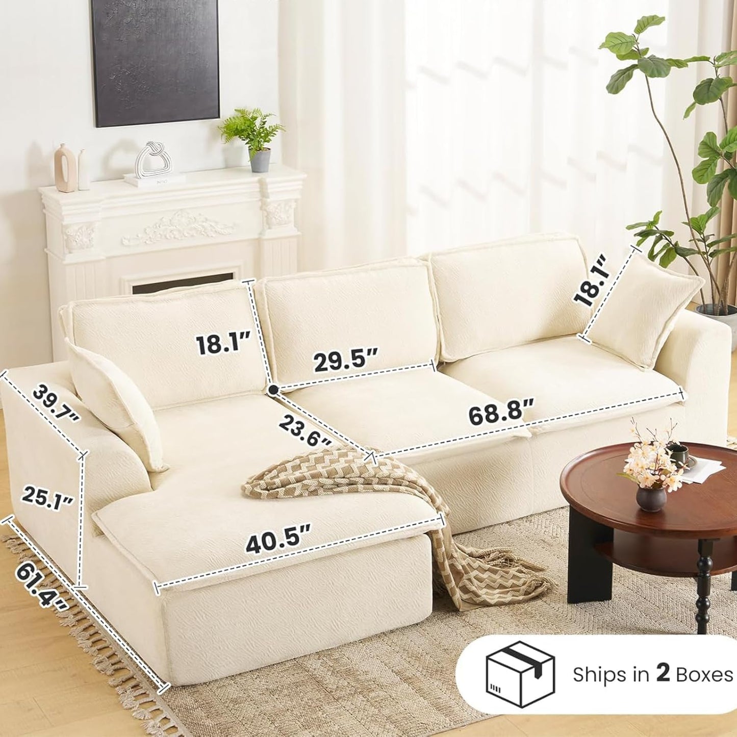 109.4" Cloud Couch with L-Shape Chaise, Boneless Sectional Couch for Living Room and Bedroom, Modern Modular Sofa with Deep Seat, No Assembly Required (Ivory White)