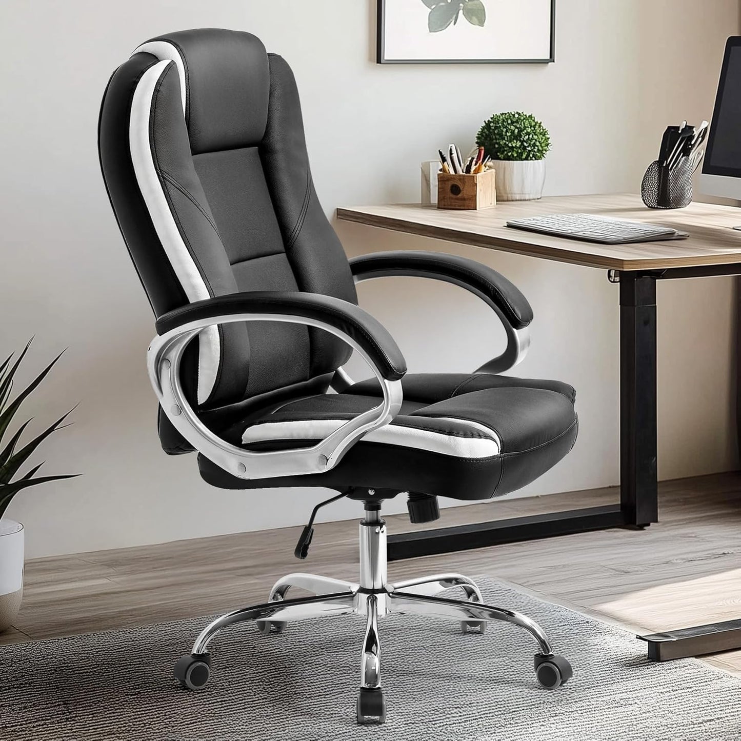 Office Desk Ergonomic Gaming Chair High Back Adjustable Computer Chair with Wheels and Lumbar Support Comfy Leather Executive Swivel (Black)