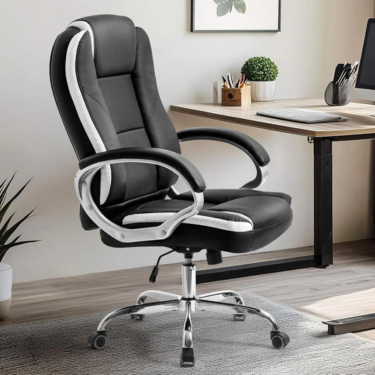 Office Desk Ergonomic Gaming Chair High Back Adjustable Computer Chair with Wheels and Lumbar Support Comfy Leather Executive Swivel (Black)