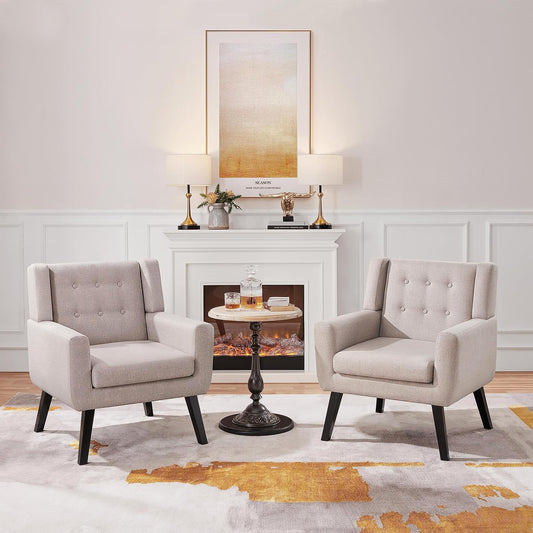 Accent Chairs Set of 2, Living Room Chairs Set, Beige Sofa Chairs, Linen Fabric Reading Chair, Modern Accent Chair for Bedroom Office Reading Nook, Beige