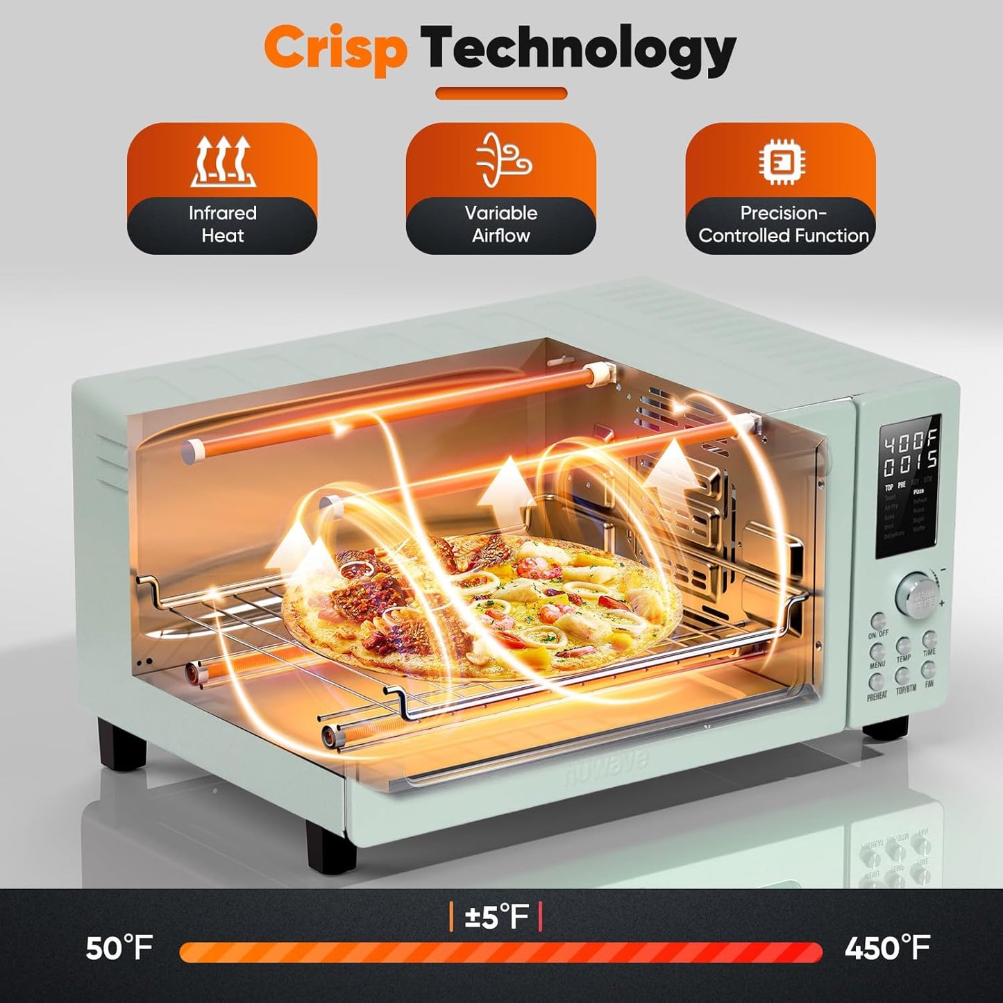 Bravo Pro Smart 21QT Toaster Oven Air Fryer Combo, Convection Oven Countertop, 10 Functions All in 1, with Even & Quick Crisp Technology, 50-450°F, 1800W, Mint Green