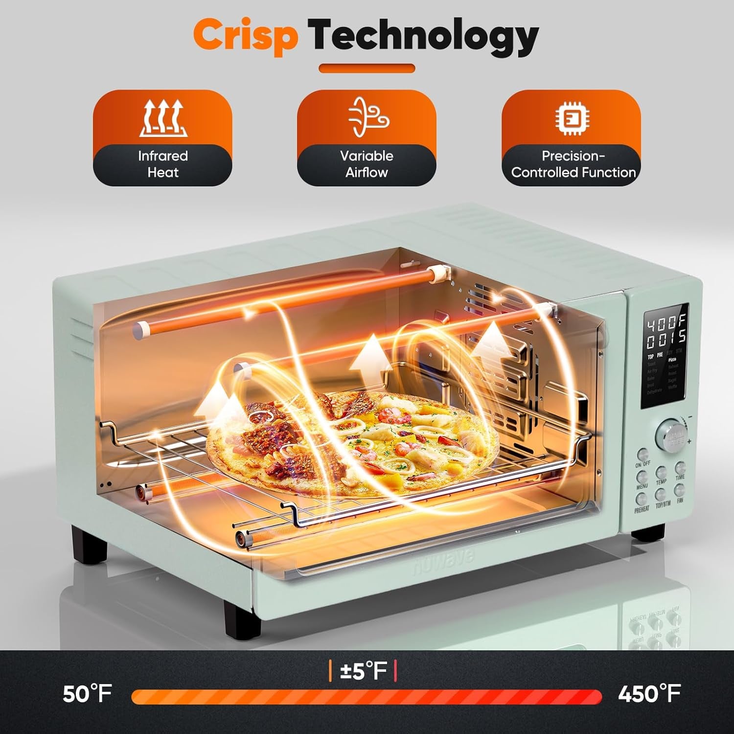 Bravo Pro Smart 21QT Toaster Oven Air Fryer Combo, Convection Oven Countertop, 10 Functions All in 1, with Even & Quick Crisp Technology, 50-450°F, 1800W, Mint Green