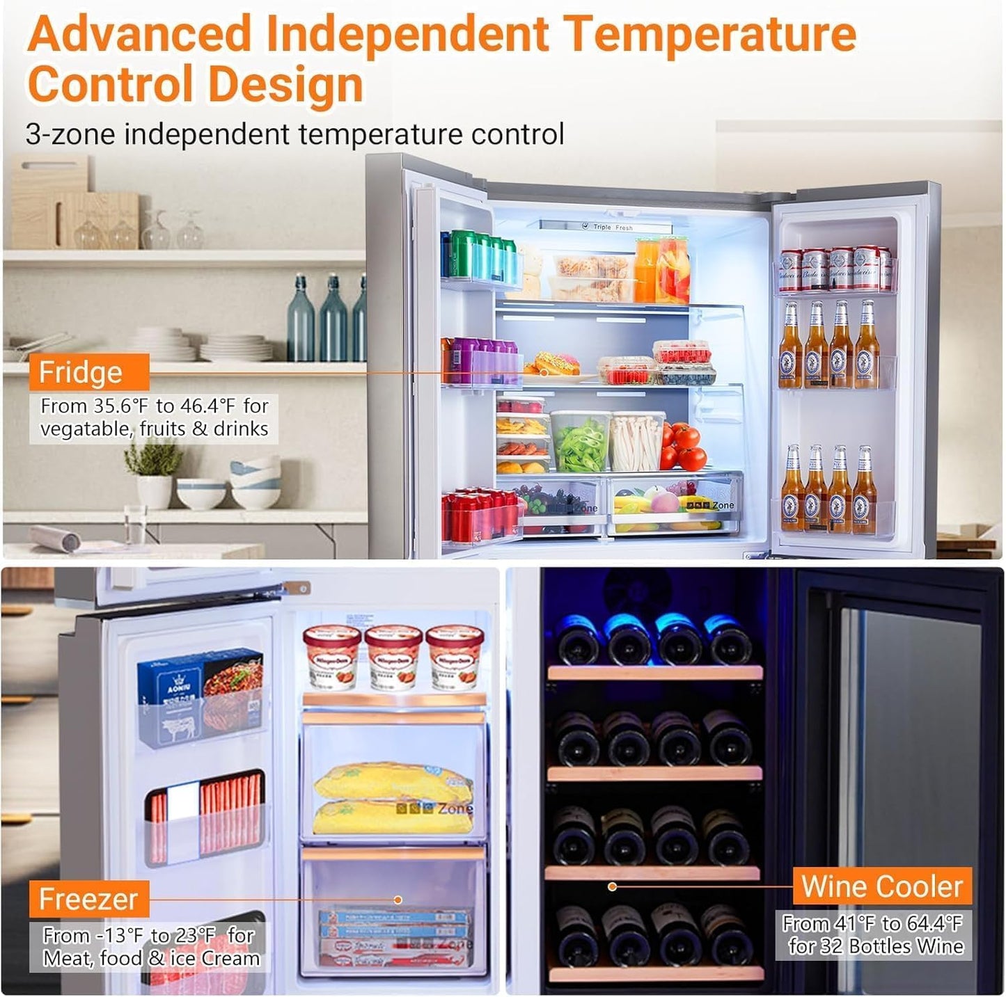 36-Inch French Door Refrigerator, 21 Cu.Ft. Counter-Depth 4-Door Design with Bottom Freezer & Wine Storage, Stainless Steel Kitchen Refrigerator with Adjustable Shelves