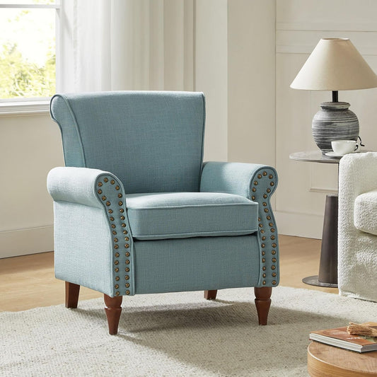 Accent Chair with Wood Legs & Removable Cushion, Modern Wingback Armchair with Nailhead Trim, Comfy Upholstered Lounge Chair, Single Sofa Chairs for Living Room Bedroom, Blue