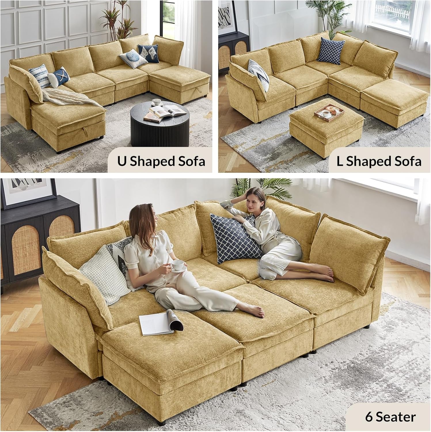 Oversized Modular Sectional Sofa, 8 Seat U Shaped Couch with Storage Ottoman, Comfy Chenille Sofa with Deep Seat, Convertible Sectional Couches for Living Room, Cream
