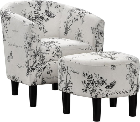 Take a Seat Churchill Accent Chair with Ottoman Set 26.25" - Modern Classic Mid-Back Barrel Accent Chair with U-Shaped Ottoman, for Living Room, Bedroom, Office, Botanical Print