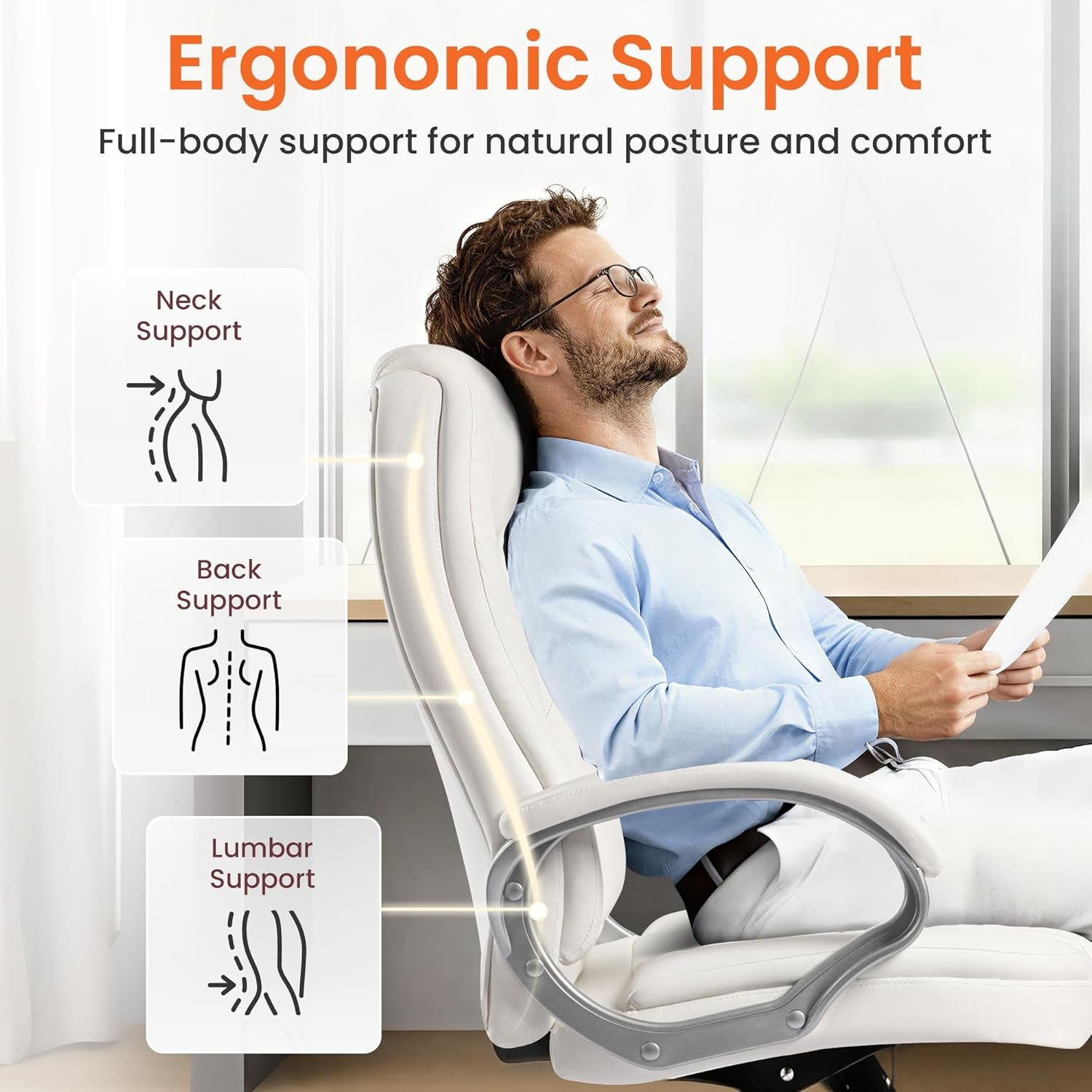 Office Desk Ergonomic Gaming Chair High Back Adjustable Computer Chair with Wheels and Lumbar Support Comfy Leather Executive Swivel (White)