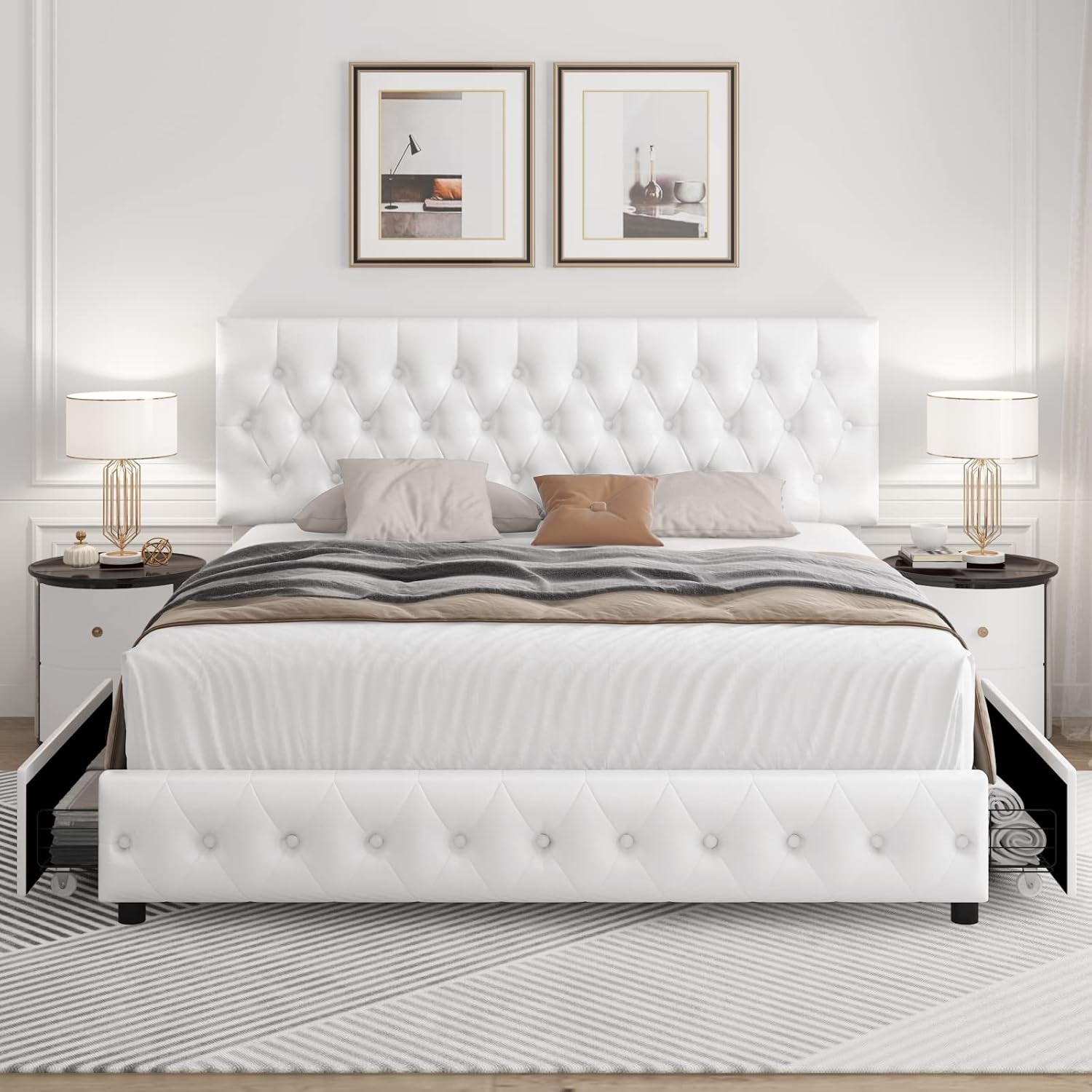 Modern Upholstered Bed Frame with 4 Drawers, Button Tufted Headboard Design, Solid Wooden Slat Support, Easy Assembly, Queen Size, White