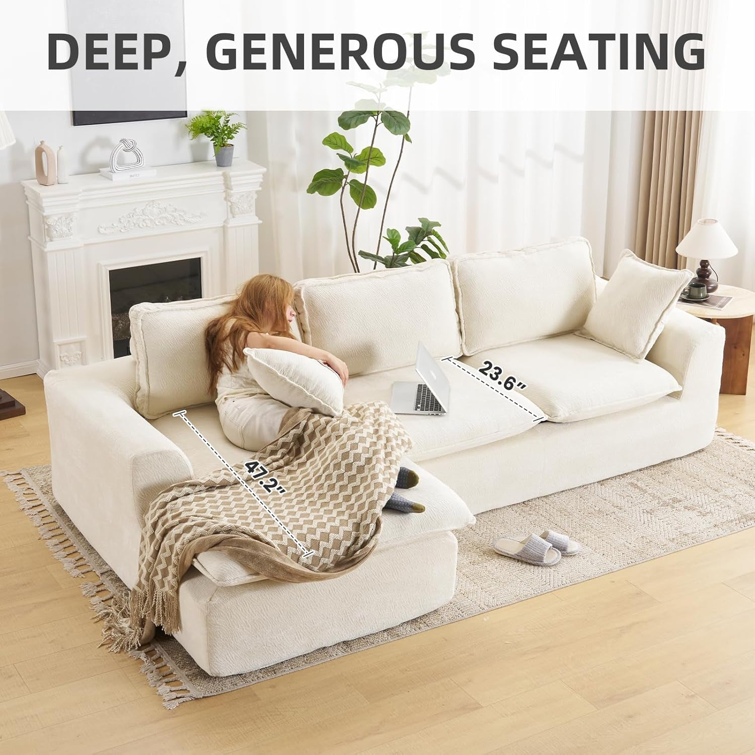 109.4" Cloud Couch with L-Shape Chaise, Boneless Sectional Couch for Living Room and Bedroom, Modern Modular Sofa with Deep Seat, No Assembly Required (Ivory White)