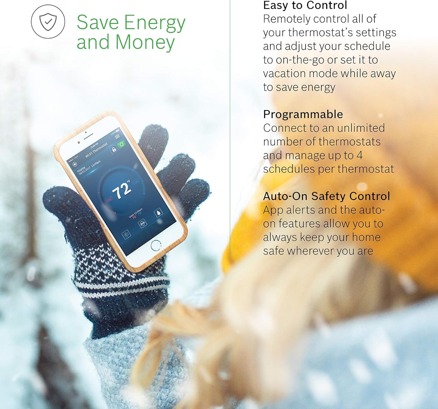 Thermotechnology  Connected BCC50 Wi-Fi Thermostat-Compatible with Alexa and Google Assistant, All-In-One, Touch Screen, Safety Control, Smart Home, White