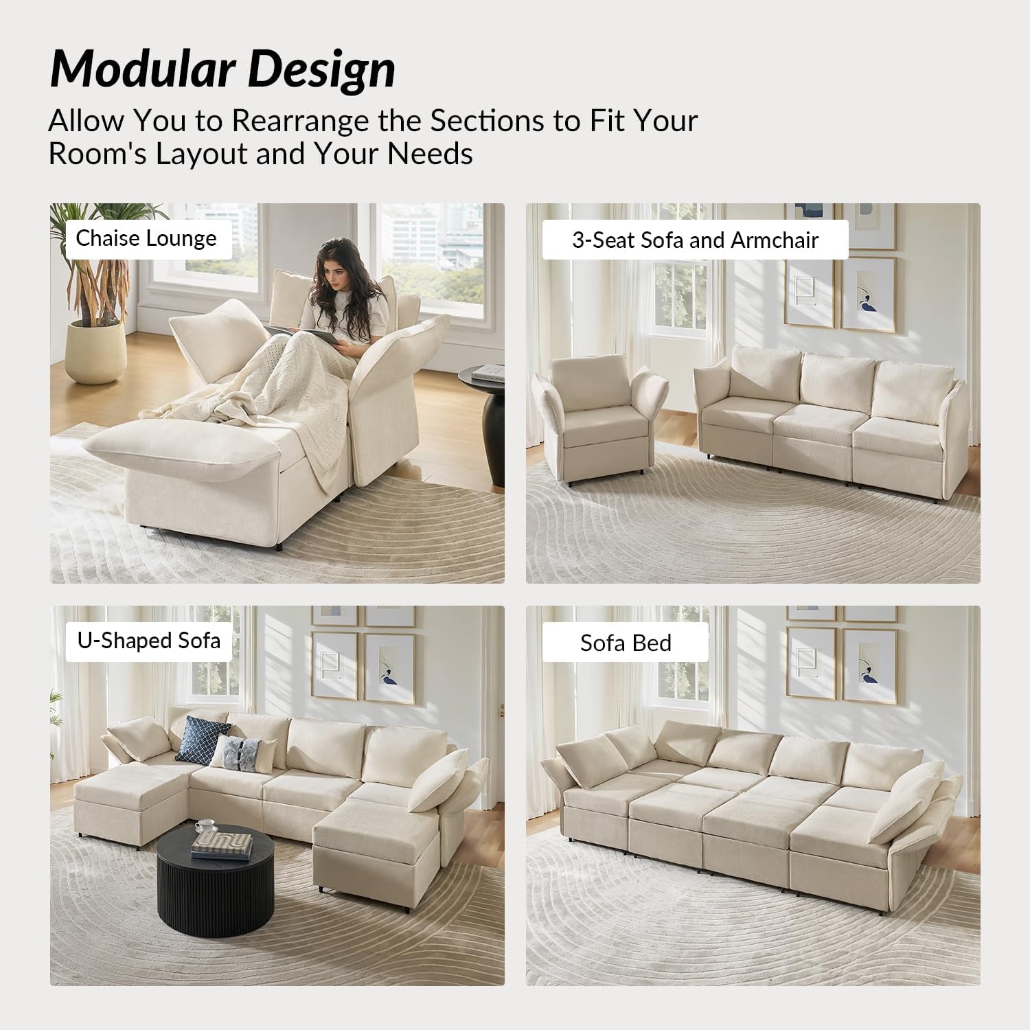 Modular Sectional Sofa with Adjustable Armrest and Backrest, Oversized L Shaped Couch with Storage Ottoman and Deep Seat, 4 Seater Cloud Couch for Living Room Bedroom, Beige