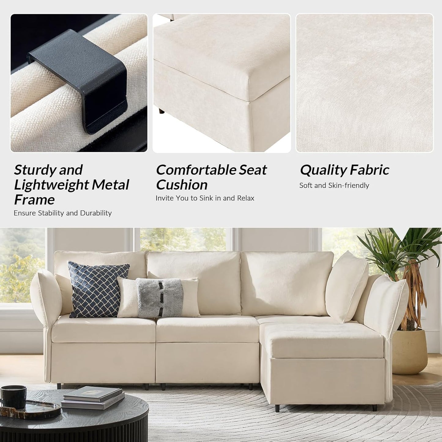 Modular Sectional Sofa with Adjustable Armrest and Backrest, Oversized L Shaped Couch with Storage Ottoman and Deep Seat, 4 Seater Cloud Couch for Living Room Bedroom, Beige