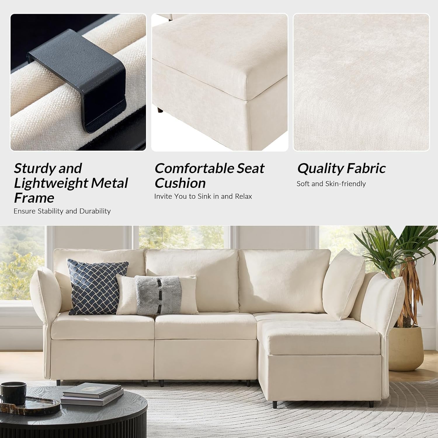 Modular Sectional Sofa with Adjustable Armrest and Backrest, Oversized L Shaped Couch with Storage Ottoman and Deep Seat, 4 Seater Cloud Couch for Living Room Bedroom, Beige