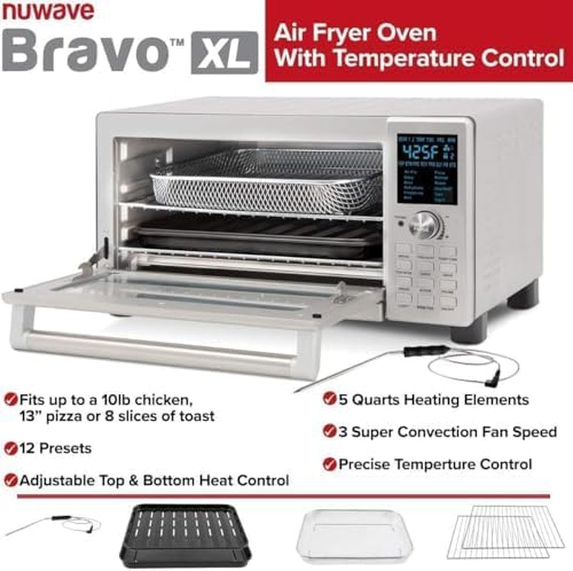 Bravo Air Fryer Toaster Smart Oven, 12-In-1 Countertop Convection, 30-QT XL Capacity, 50°-500°F Temperature Controls, Top and Bottom Heater Adjustments 0%-100%, Brushed Stainless Steel Look