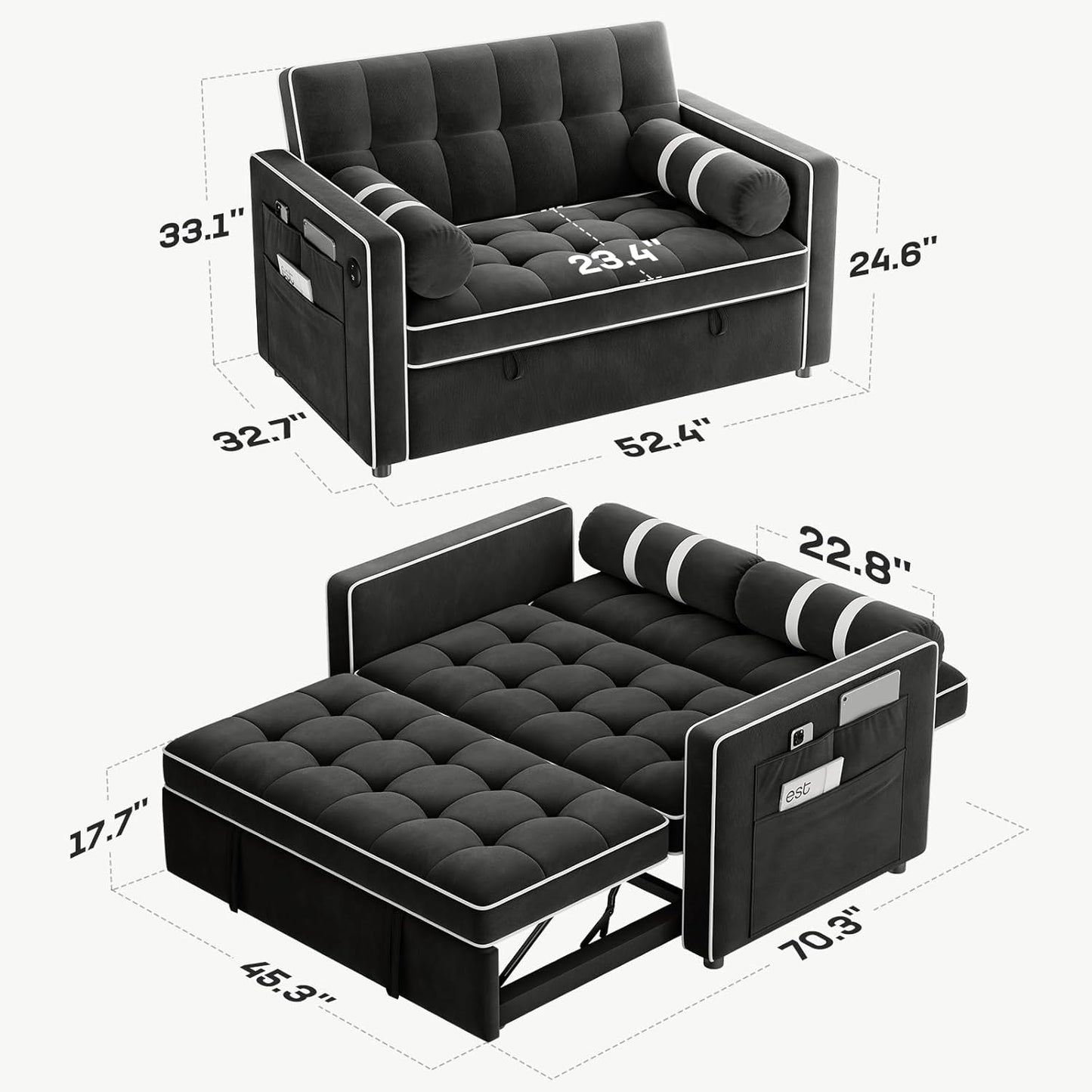 3-In-1 Convertible Futon Sleeper Sofa Bed, Pull Out Couch with Adjustable Backrest, USB Charging & Side Pockets, Velvet Fabric Sofa for Living Room, Apartment, Loveseat, Black
