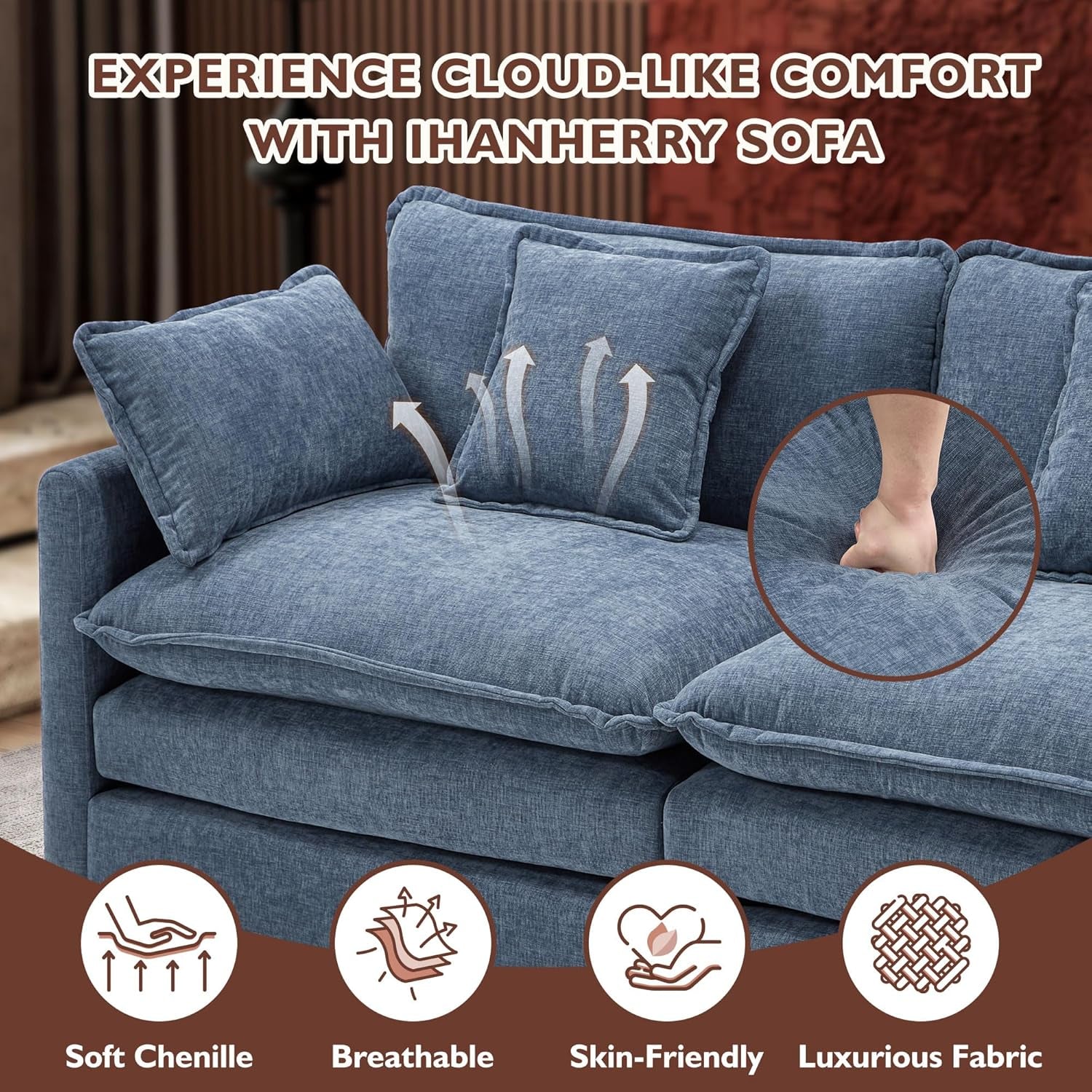146" U-Shaped Modern Sofa Modular Sectional Cloud Couch with 2 Ottoman, 6-Seat Chenille Deep Seat Sofa with 6 Pillows for Living Room, Bedroom and Apartment, Blue