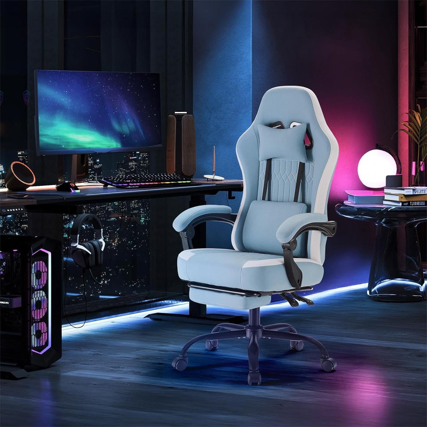 Computer Gaming Chair - High Back Ergonomic Desk Chair with Footrest and Lumbar Support, Height Adjustable Task Chair with Linkage Armrests and Headrest, 360° Swivel Wheels, Blue