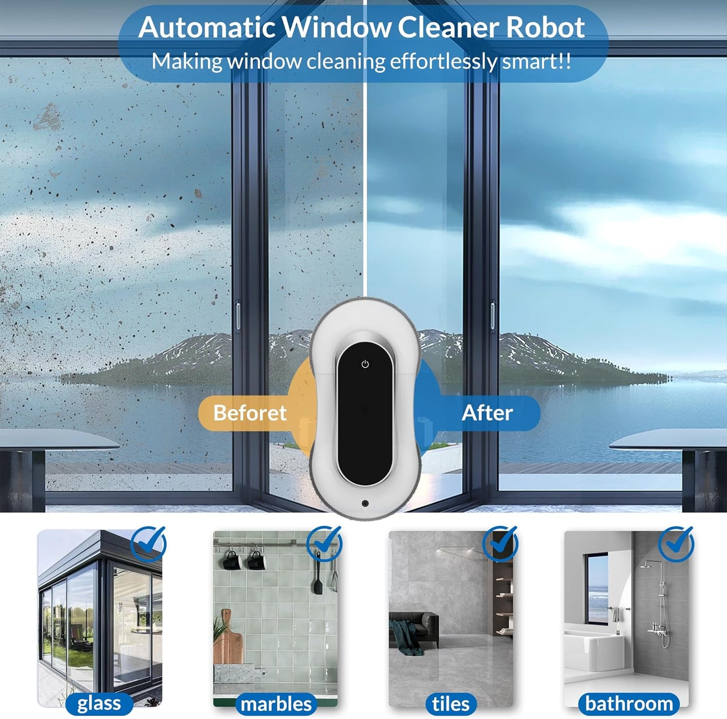 Automatic Window Cleaner Robot with Dual Water Spray,Smart Window Cleaning Washer Machine with 3000Pa Suction&Ai Path Planning,Perfect Windows Cleaning Robot for Highrise Windows, Tiles and Glass