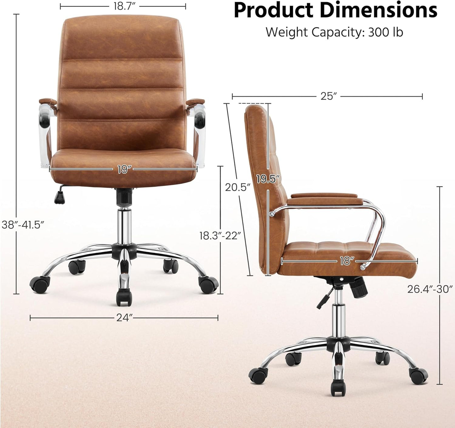 Mid-Back Office Chair with Arms Swivel PU Leather Height Adjustable Office Executive Chair, Retro Brown