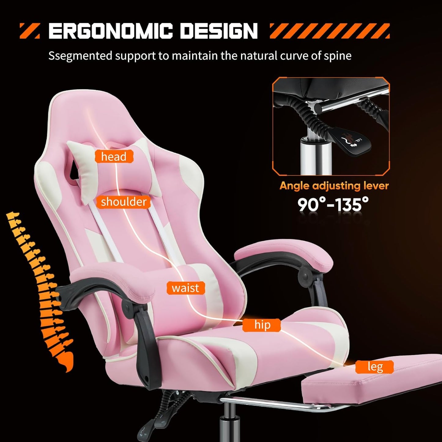 Video Game Desk Chair - Ergonomic Computer with Footrest and Comfy Lumbar Support, PU Leather Recliner with Headrest, Fixed up Armrest, Height Adjustable with 360° Swivel, for Adults, Pink