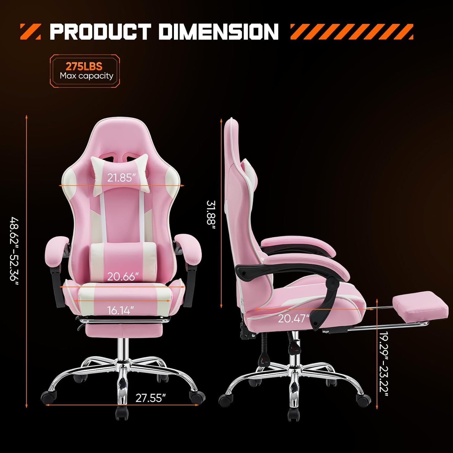 Video Game Desk Chair - Ergonomic Computer with Footrest and Comfy Lumbar Support, PU Leather Recliner with Headrest, Fixed up Armrest, Height Adjustable with 360° Swivel, for Adults, Pink