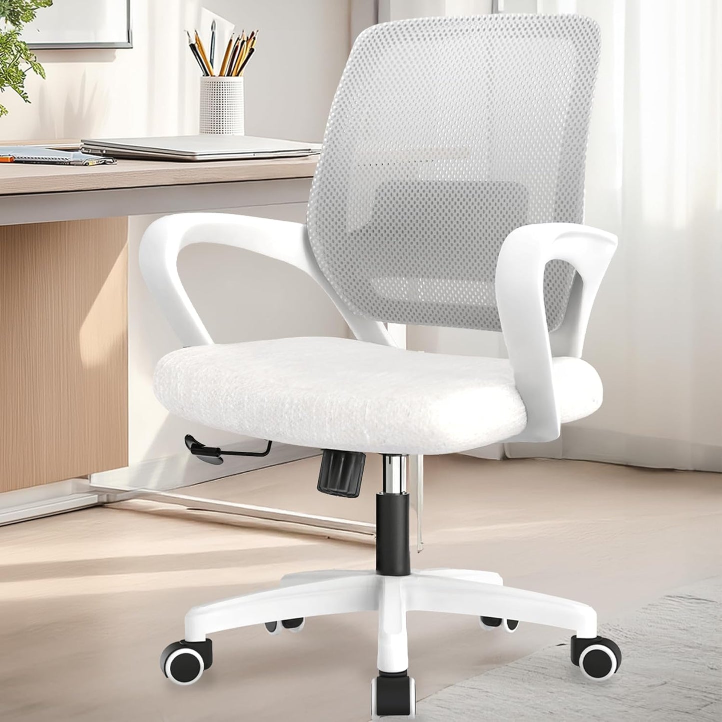 Office Desk Ergonomic Mesh Computer Chair with Lumbar Support Adjustable Height Swivel Rolling Wheels Comfy Mid Back Task Chair for Home Bedroom Vanity Study (Ivory)