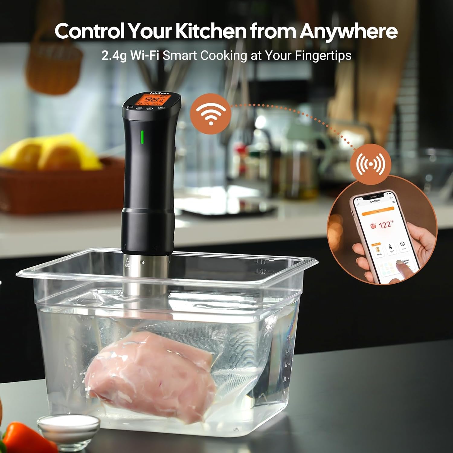 WIFI 2.4G Sous Vide Cooker 1000W Immersion Circulator with APP 14 Recipes,Alarm,Calibration & Timer, 3D Water Fast Heating Ultra-Quiet Sous Vide Machine