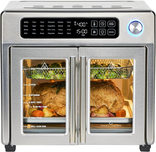 Extra Large French Door Air Fryer Toaster Oven Combo, 24 Cooking Functions and Digital Controls, 7 Accessories Included, Stainless Steel Finish, 26QT Capacity