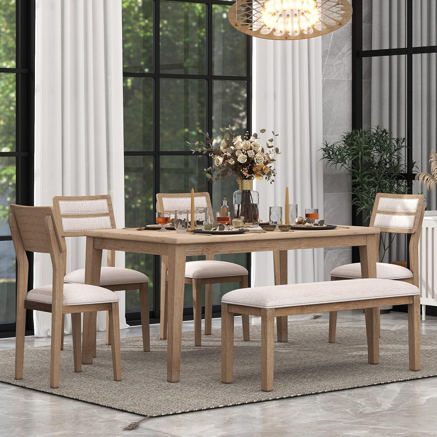 6-Piece 60" Wooden Dining Table Set with 4 Upholstered Chairs and 1 Bench,Classic and Traditional Style,Natural Wood Wash