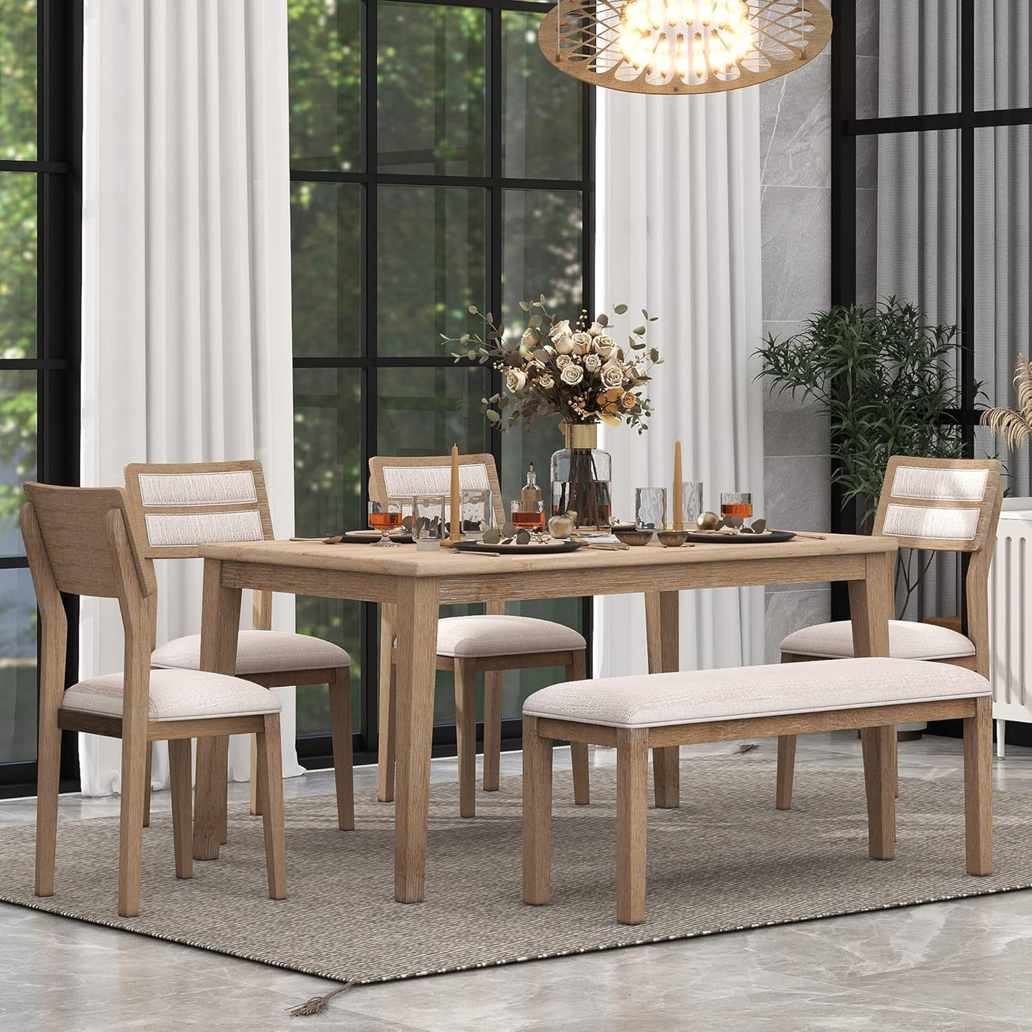 6-Piece 60" Wooden Dining Table Set with 4 Upholstered Chairs and 1 Bench,Classic and Traditional Style,Natural Wood Wash