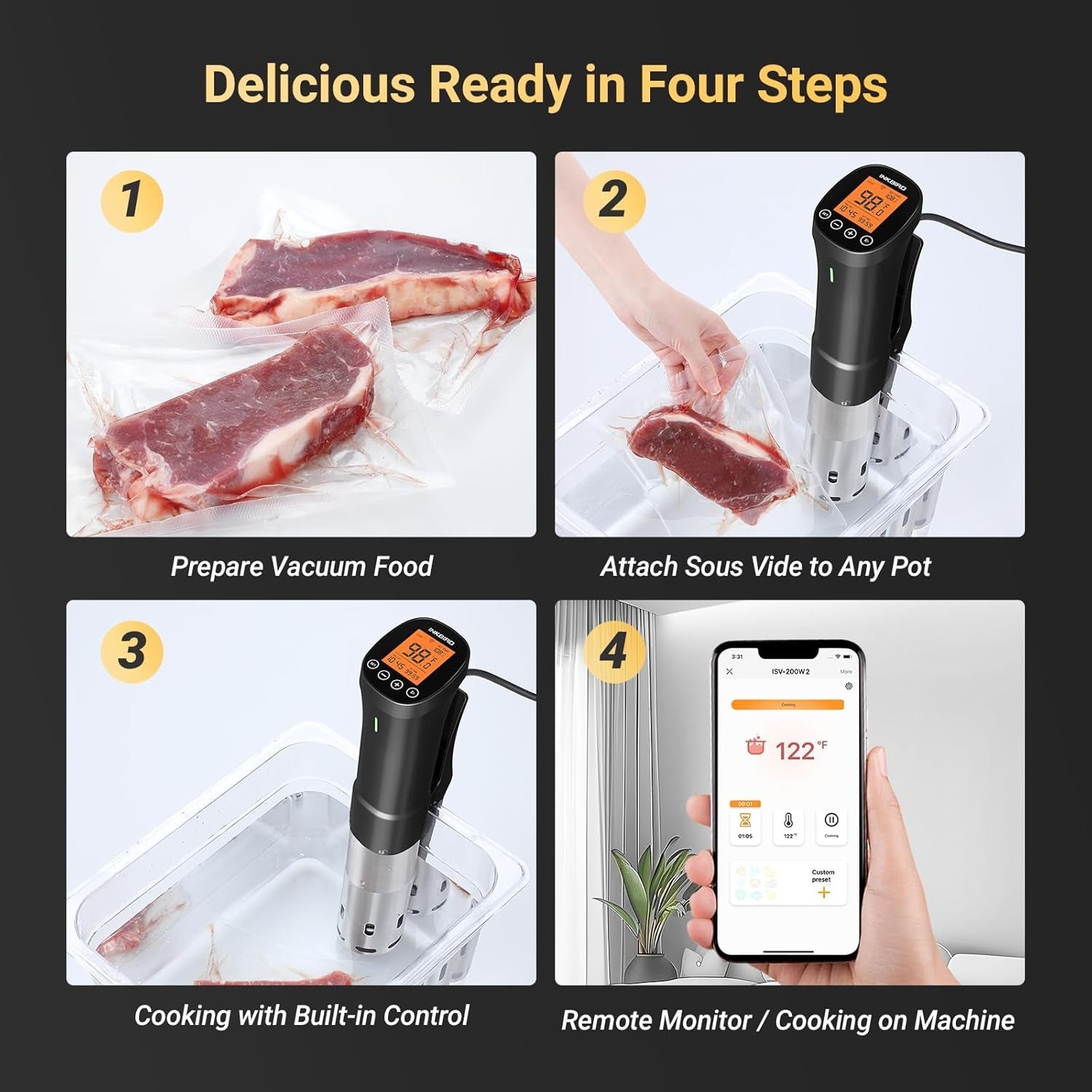 2.4G WIFI Sous Vide Cooker  Sous Vide Machine with APP Control, 1000 Watts Immersion Circulator with APP Recipes Timer Alarm Mobile Notification, 3D Water Fast Heating Ultra-Quiet
