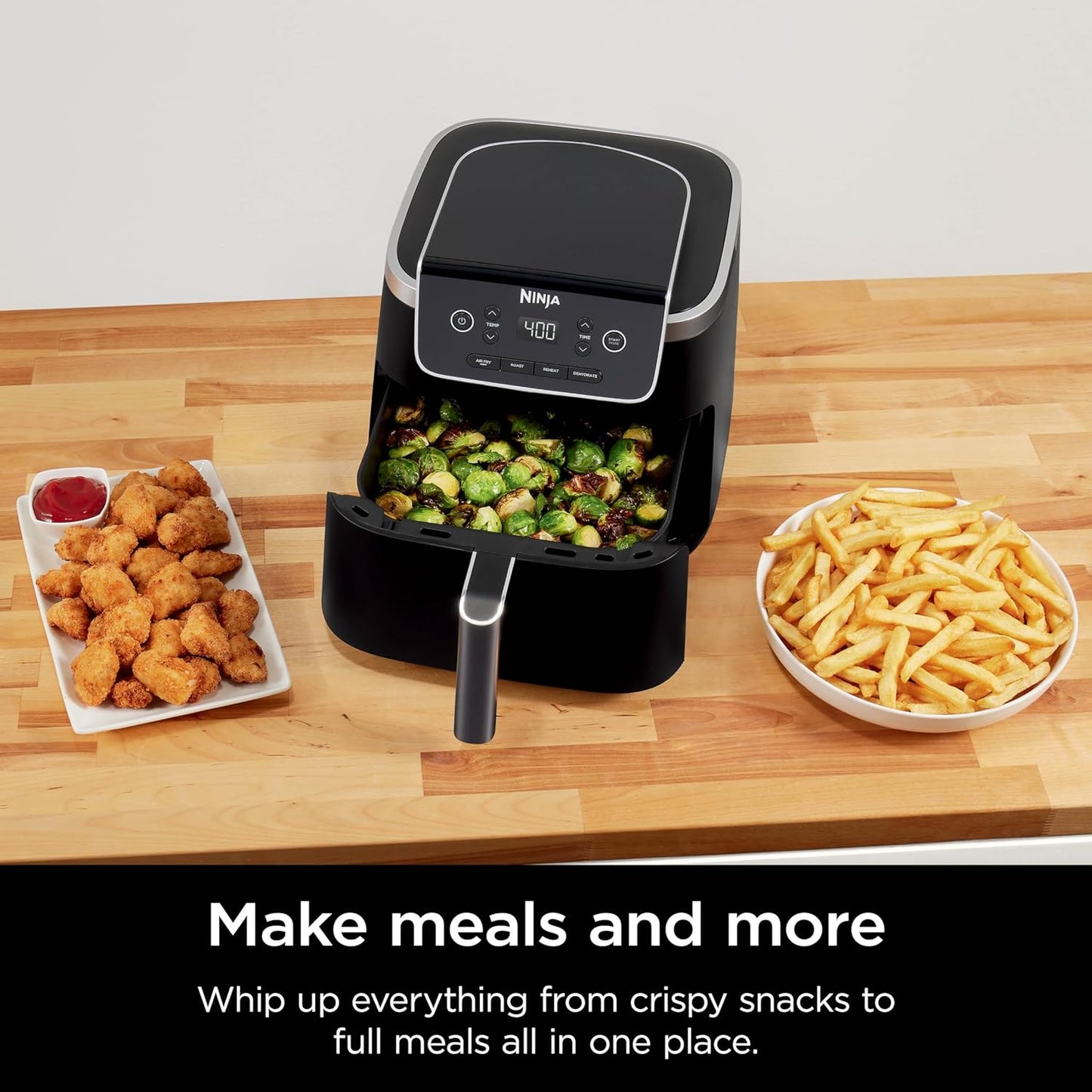 | Air Fryer | 4-In-1 Pro Air Fry, Roast, Reheat, Dehydrate | 5QT Capacity Fits up to 4Lbs of French Fries | 400F Max Temp | Nonstick Basket & Crisper Plate | 120V | Grey | AF141